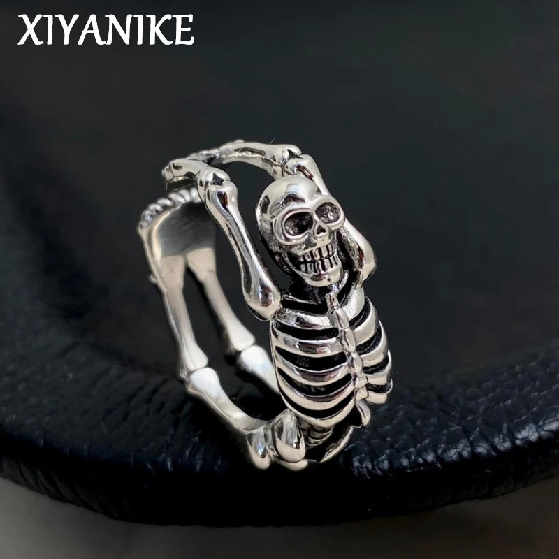 XIYANIKE Vintage Thai Silver Skull Skeleton Cuff Finger Rings For Men Women Punk Fashion New Jewelry Gift Party anillos mujer