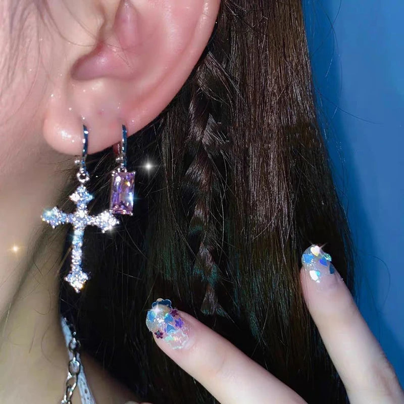 Zircon Cross Earrings Cool Pink Rhinestone Ear Stud Women Men Exaggerated Vintage Metal Hip Hop Pendants Jewelry Party Gifts