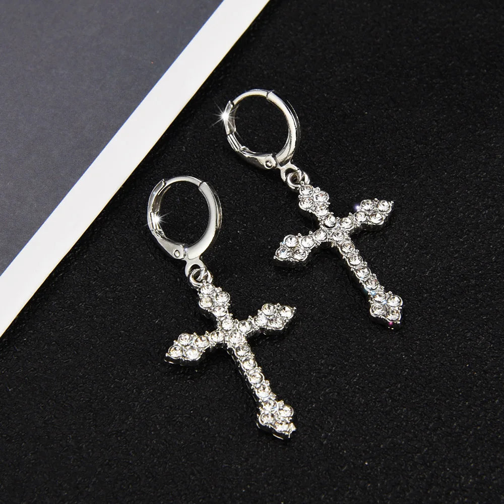 Zircon Cross Earrings Cool Pink Rhinestone Ear Stud Women Men Exaggerated Vintage Metal Hip Hop Pendants Jewelry Party Gifts