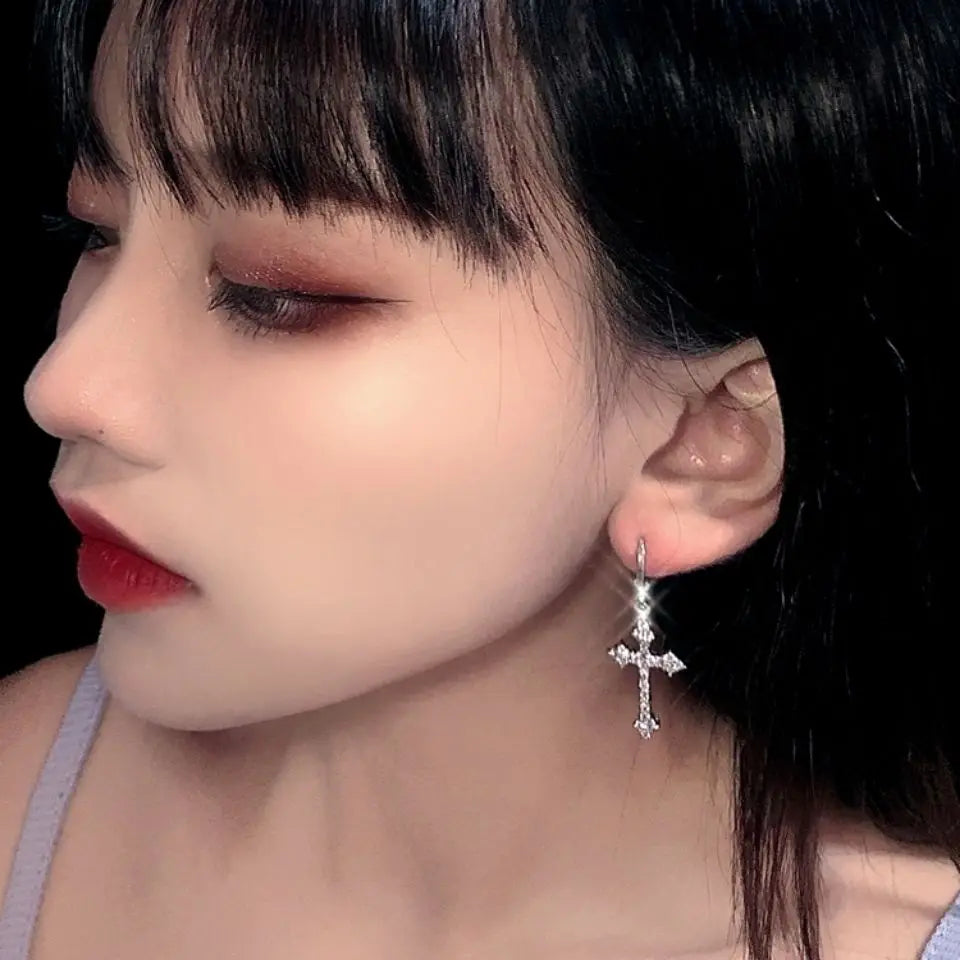 Zircon Cross Earrings Cool Pink Rhinestone Ear Stud Women Men Exaggerated Vintage Metal Hip Hop Pendants Jewelry Party Gifts