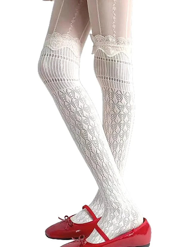 Lace Trim Diamond Pattern Over-the-Knee Socks for Women