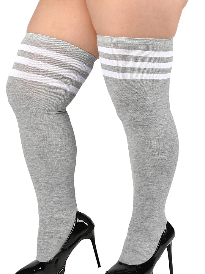 Plus Size Thigh High Socks with Stripes - Wide Calf Over Knee Stockings