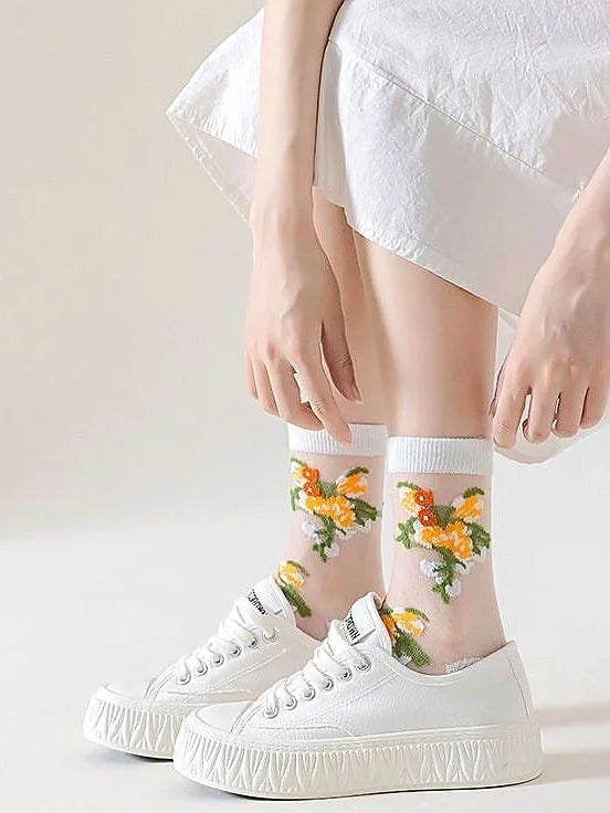 Sheer Floral Mid Calf Socks Women Breathable Crystal Silk Cute Summer