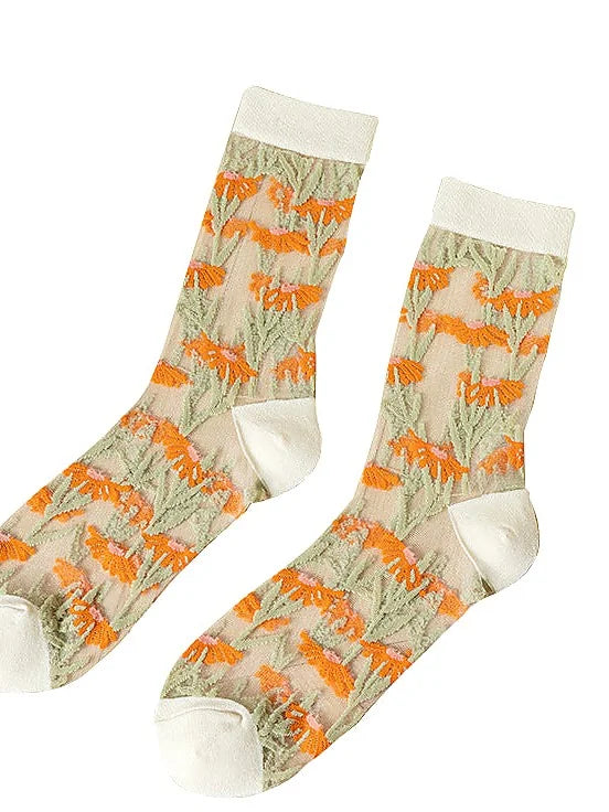 Sheer Floral Mid-Calf Socks Summer Sheer Glass Silk Hosiery