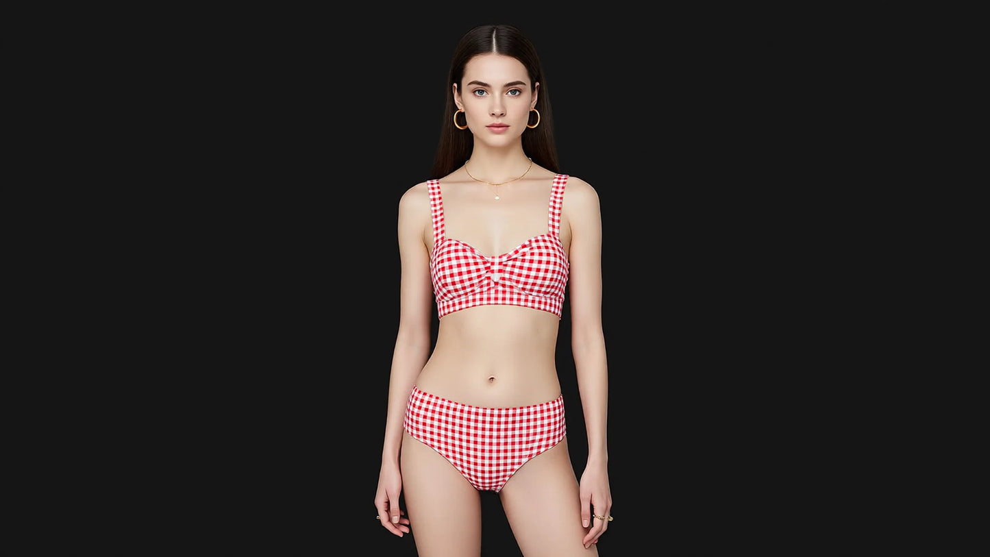 vintage gingham 3-piece swim set long sleeve sun protection shapewear beach vacation