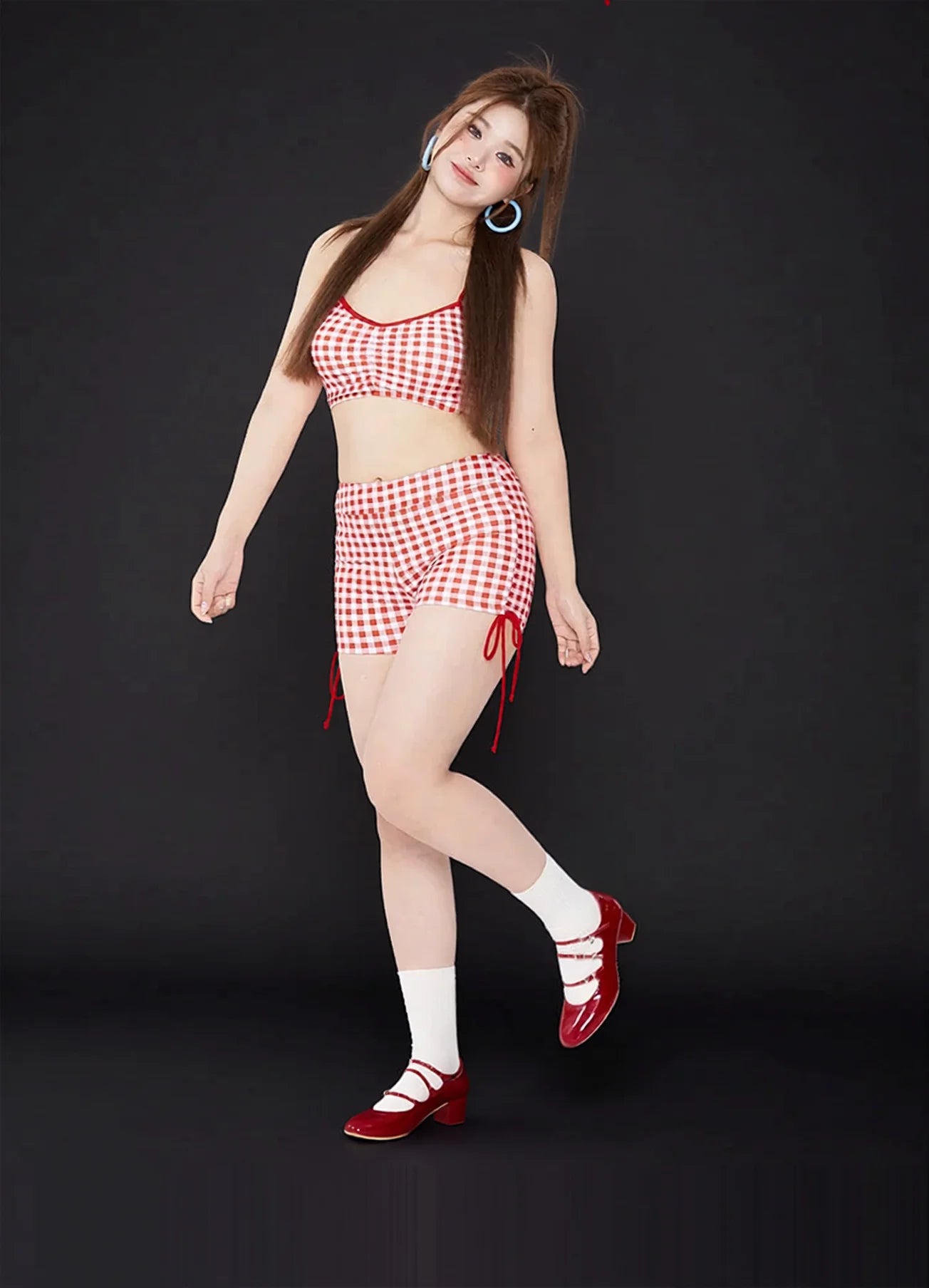 vintage gingham 3-piece swim set long sleeve sun protection shapewear beach vacation