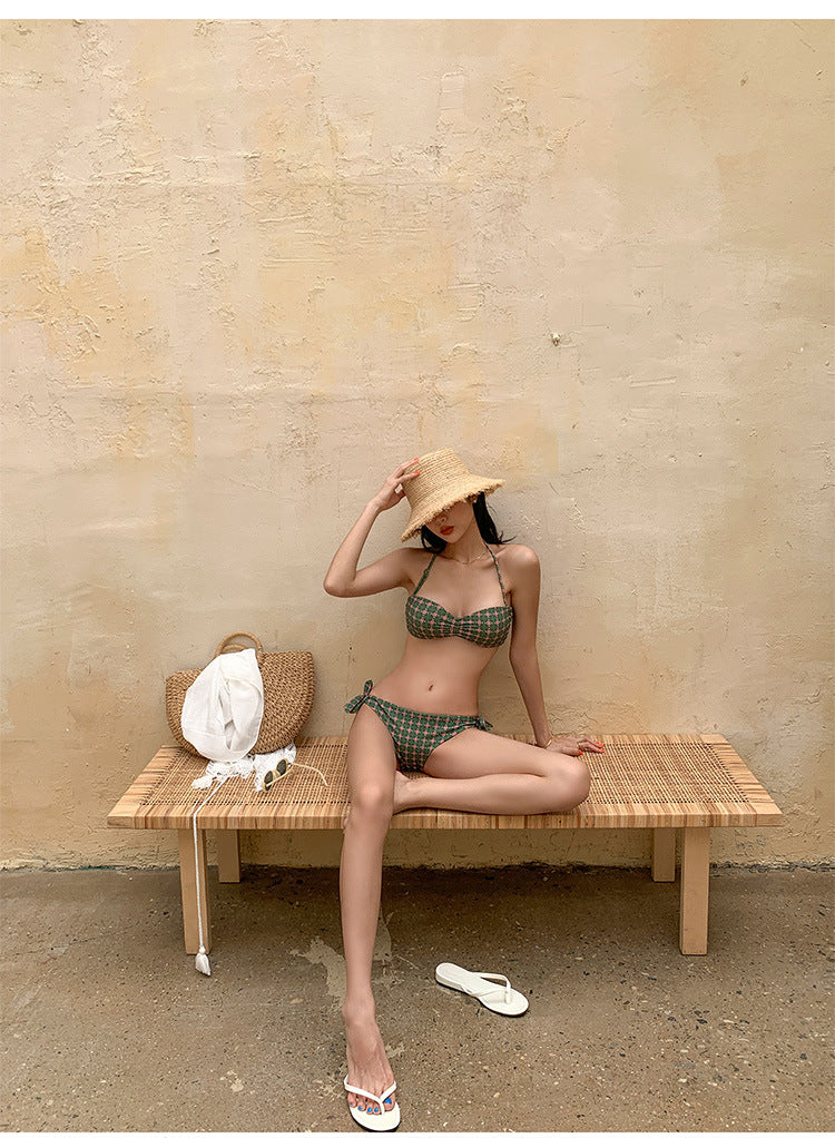 Sage Green Sexy Three-Piece Bikini with Steel-Tone Push-Up Cups & Adjustable Straps