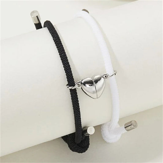 2Pcs/set Rope Braided Bracelet Alloy Magnet Attachment Couple Bracelet A Pair Of Simple Love Heart Bracelet Jewelry