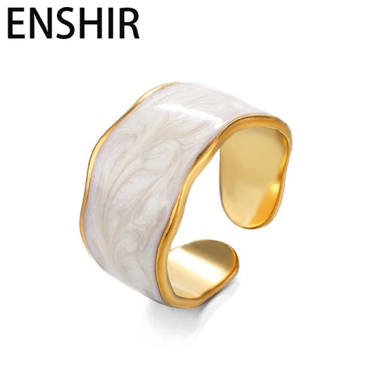 ENSHIR 316L Stainless Steel Black White Drip Ring for Women Vintage Adjustable Party Jewelry Accessory