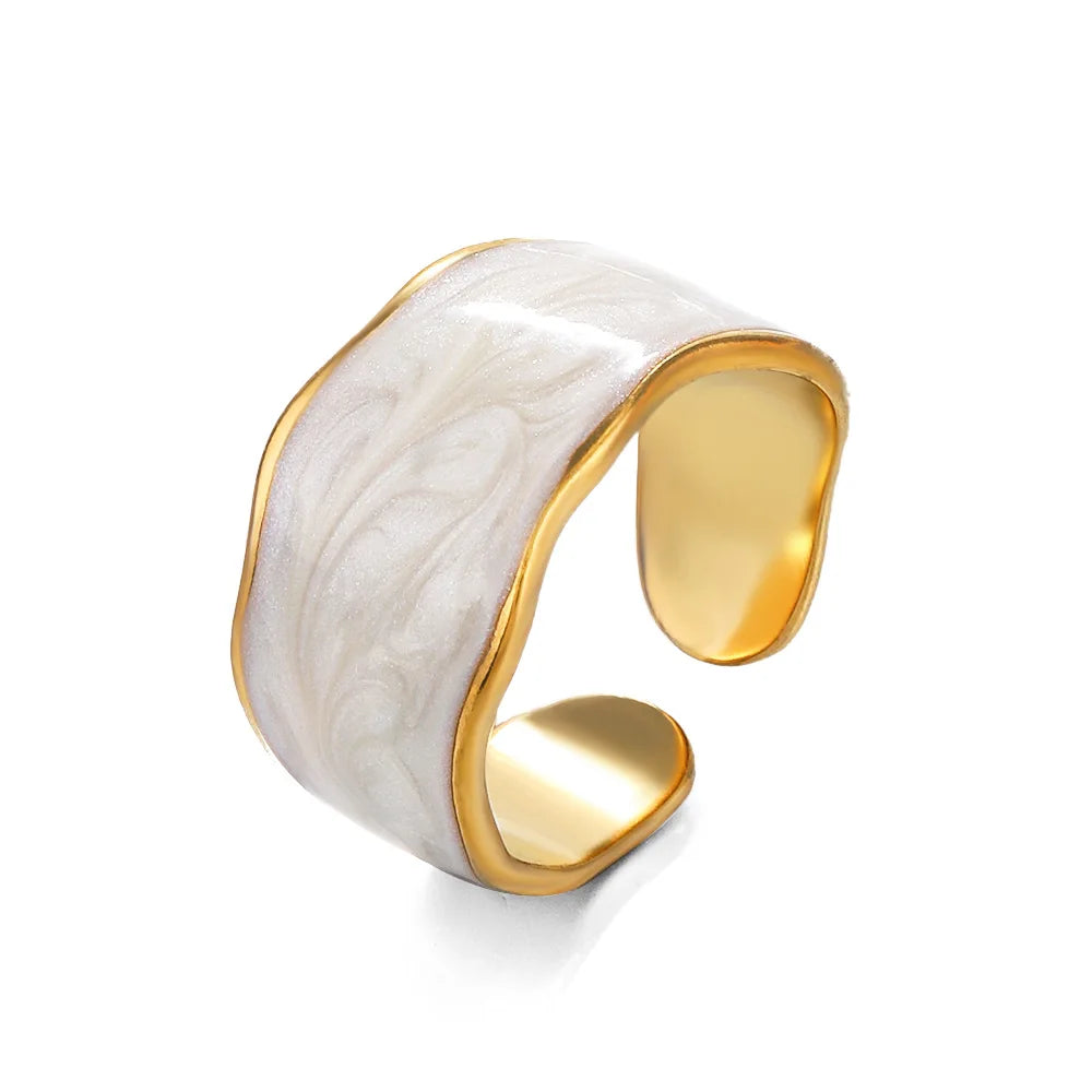 ENSHIR 316L Stainless Steel Black White Drip Ring for Women Vintage Adjustable Party Jewelry Accessory