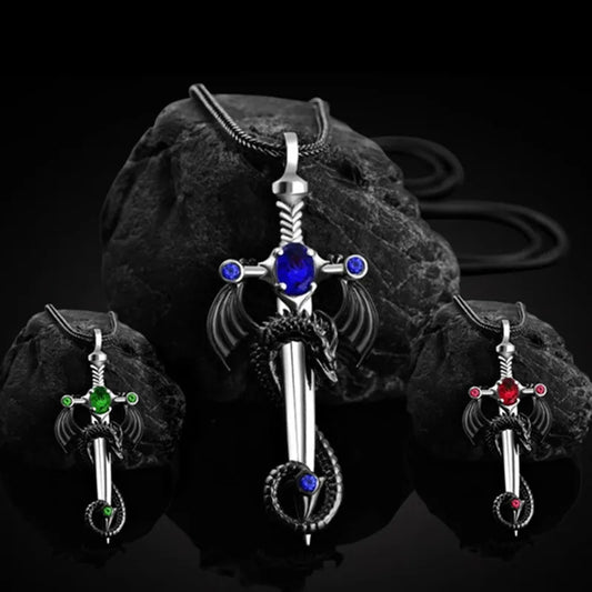 Fashion Men Stainless Steel Dragon Sword Necklace Hip Hop Necklaces for Men Stainless Steel Jewelry Halloween Anniversary Gift