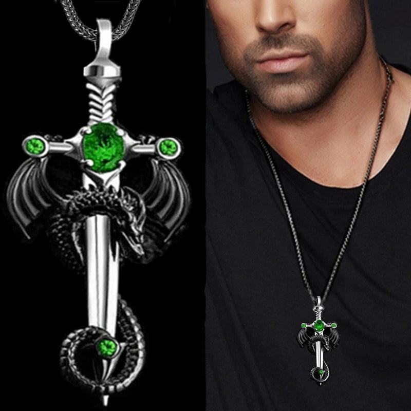 Fashion Men Stainless Steel Dragon Sword Necklace Hip Hop Necklaces for Men Stainless Steel Jewelry Halloween Anniversary Gift