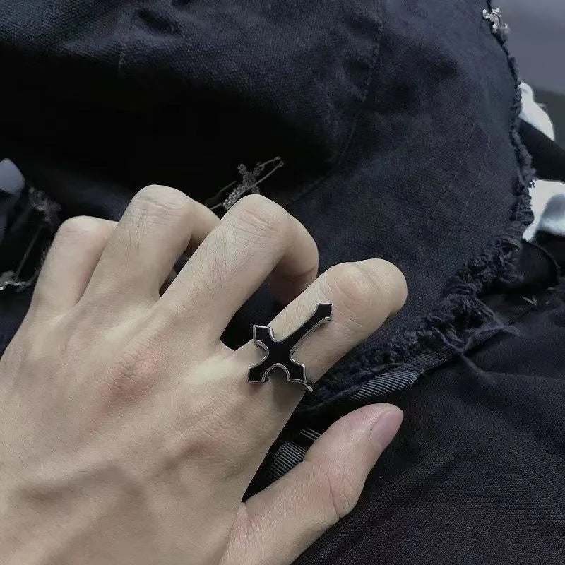 Hip Hop Punk Black Cross Open Rings For Women Trendy Party Jewelry Vintage Gothic Metal Jesus Cross Men's Finger Ring Male Gift