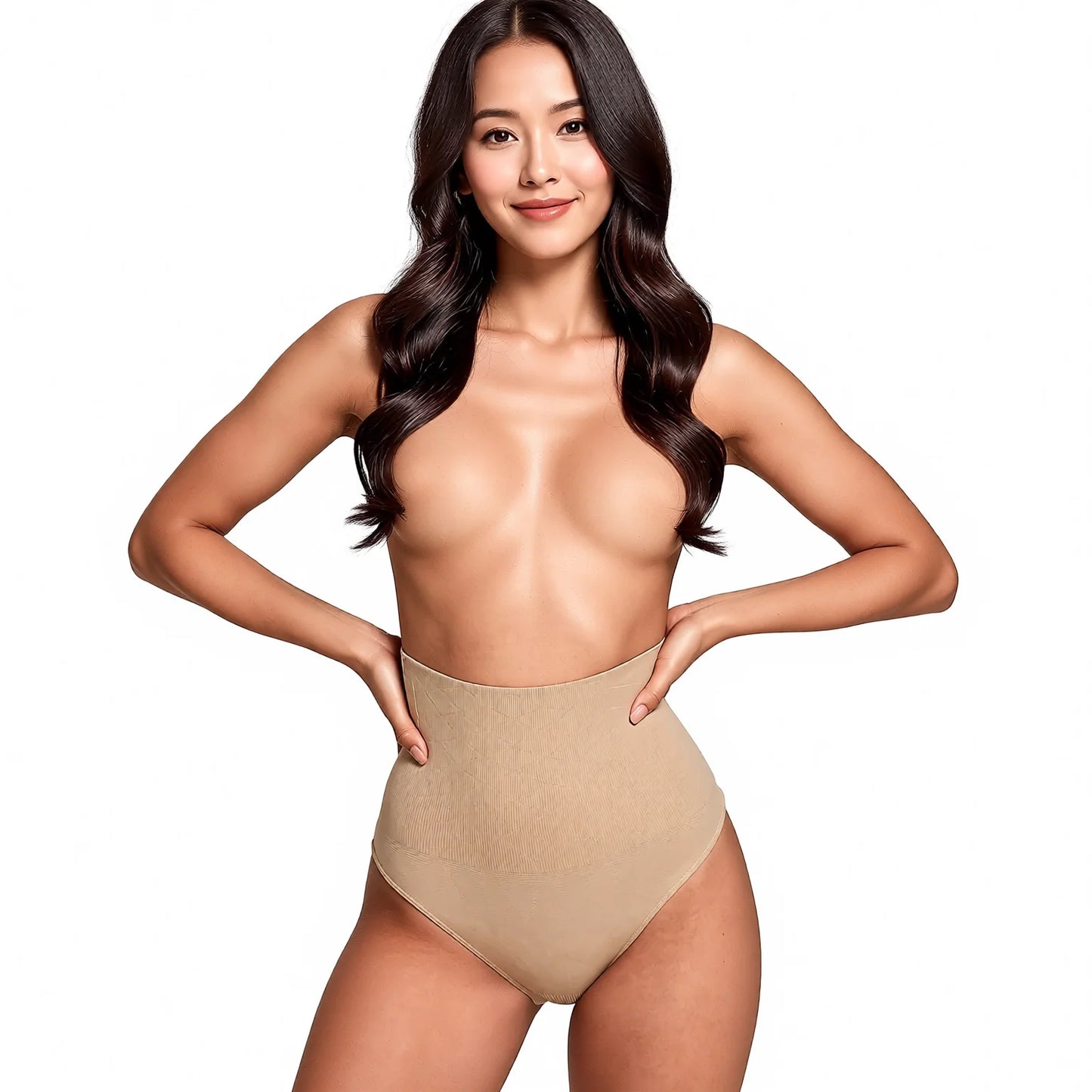 High Waist Tummy Control Thong Shaper Panties - Black & Skin