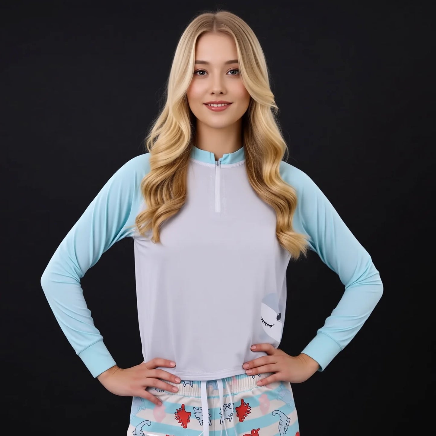 Long Sleeve Two-Piece Rashguard Swim Set Quick Dry Colourblock Shark Kids