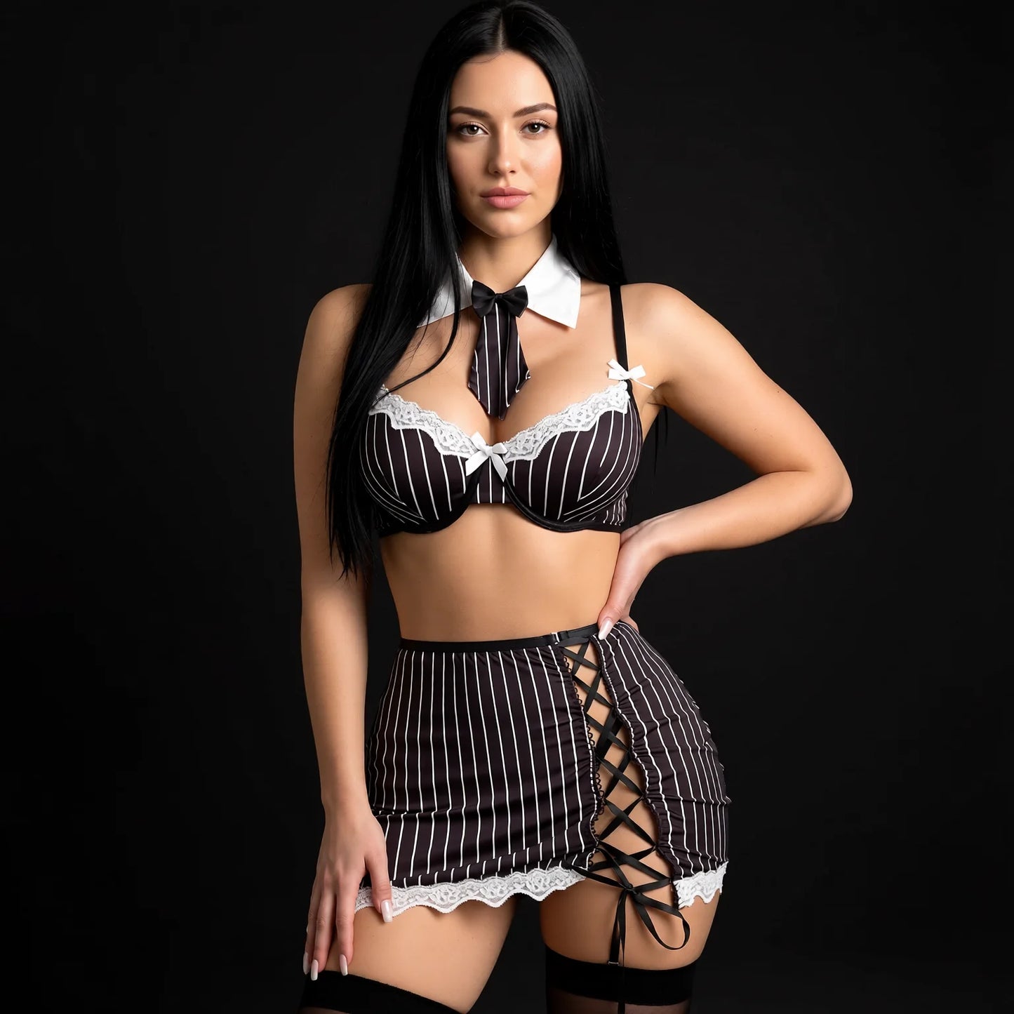 Striped Lingerie Set with Bow Tie Collar & Lace-Trim Shorts