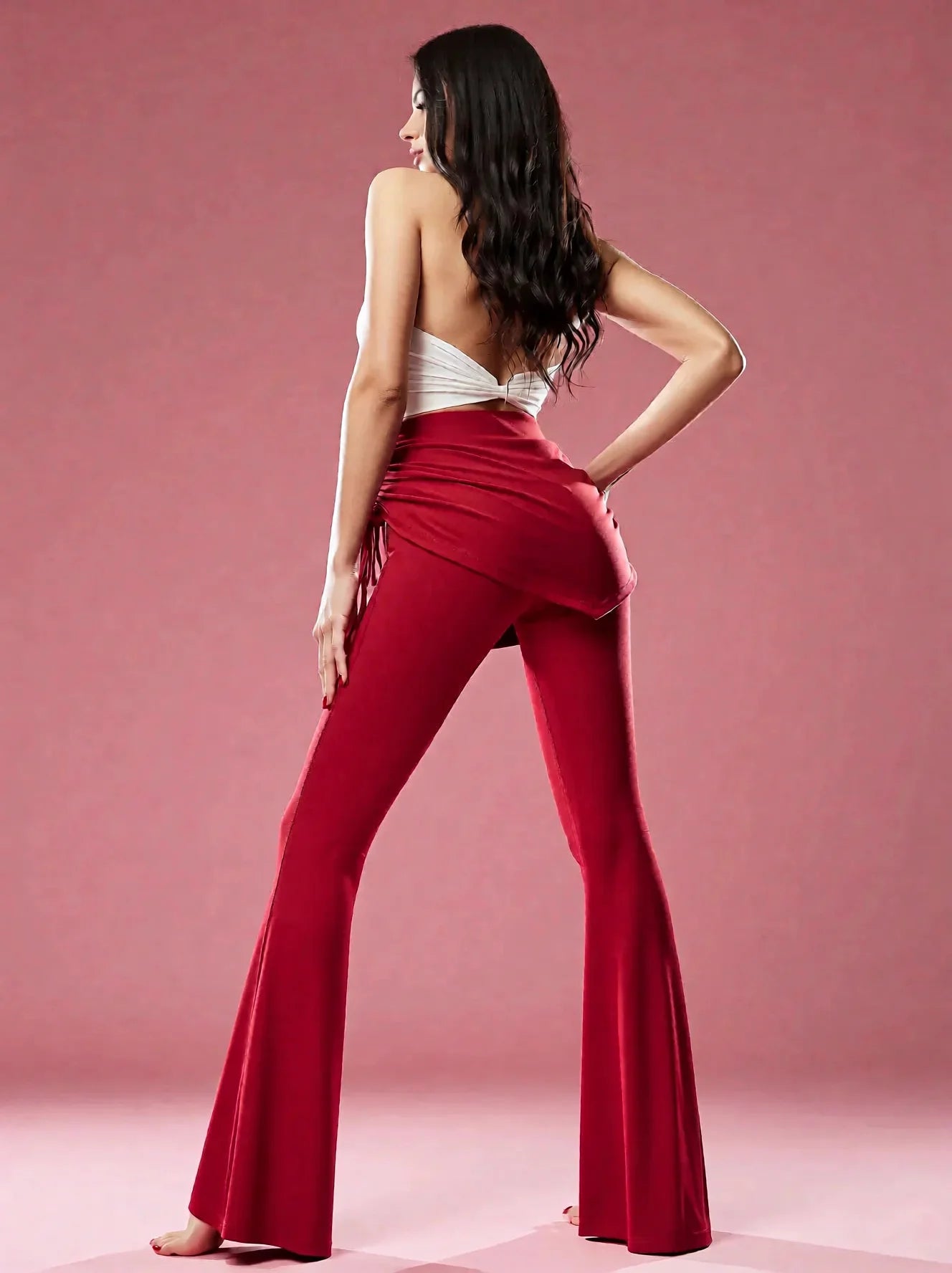 High Waisted Flare Yoga Pants with Drawstring Skirt Overlay