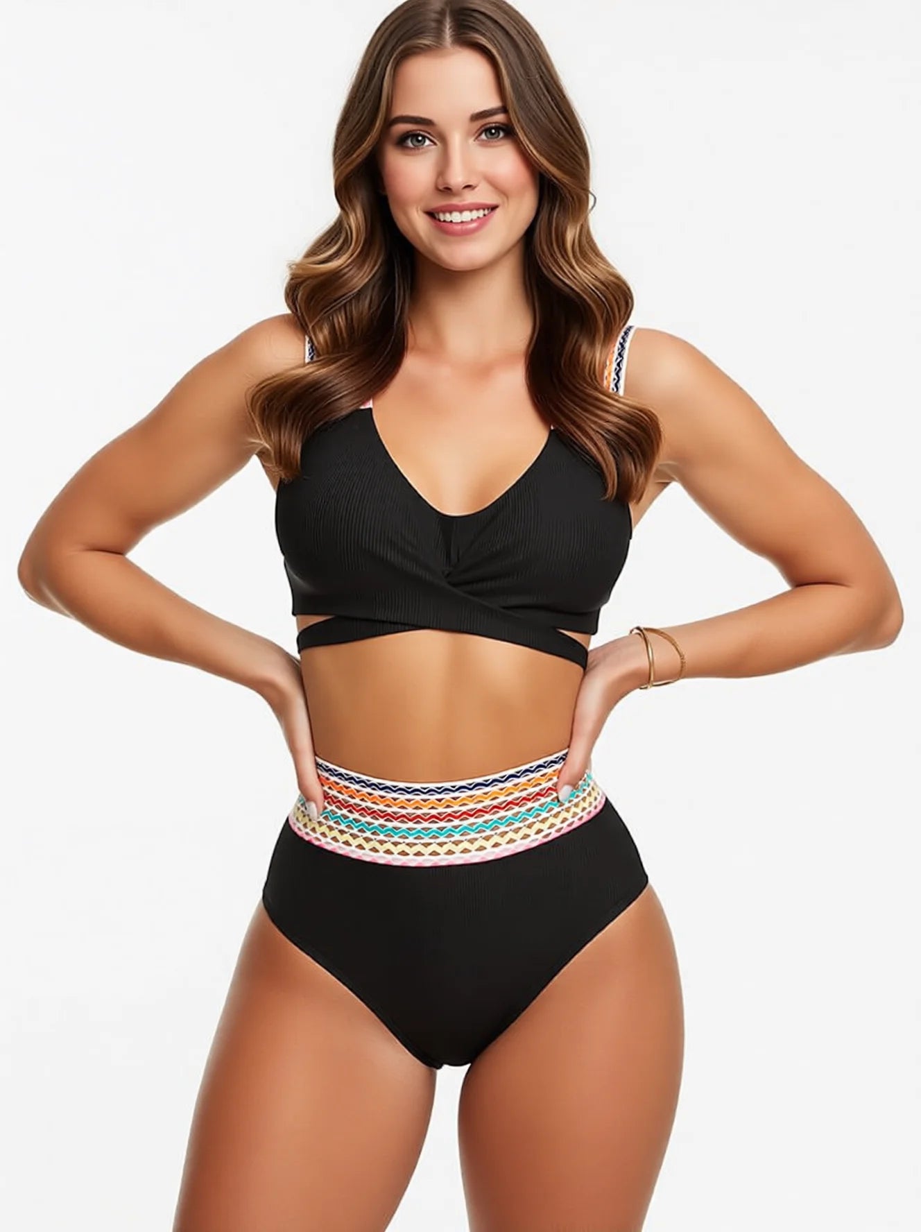 High Waisted Ribbed Bikini Set with Contrast Trim - Sexy Swimwear