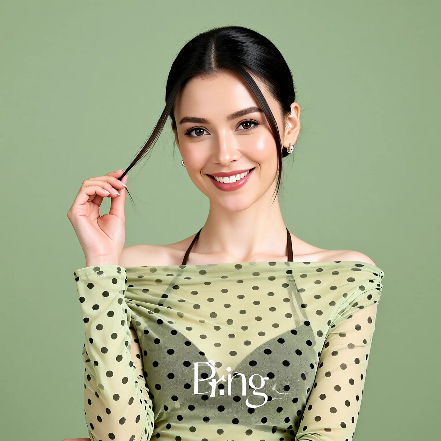 Sage Green Polka Dot Split Two-Piece Long Sleeve Swimwear