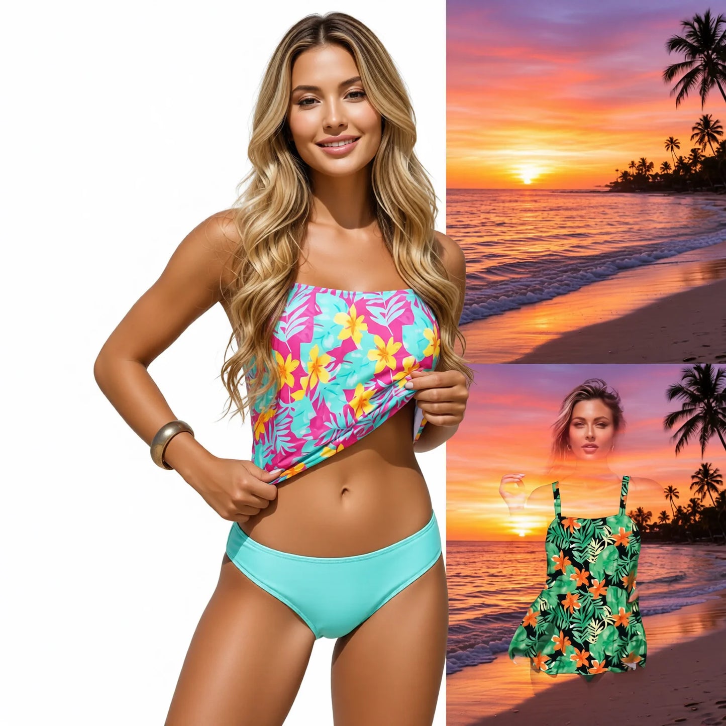 Floral Print Tankini Set - High Waisted Bikini with Loose Tankini Top