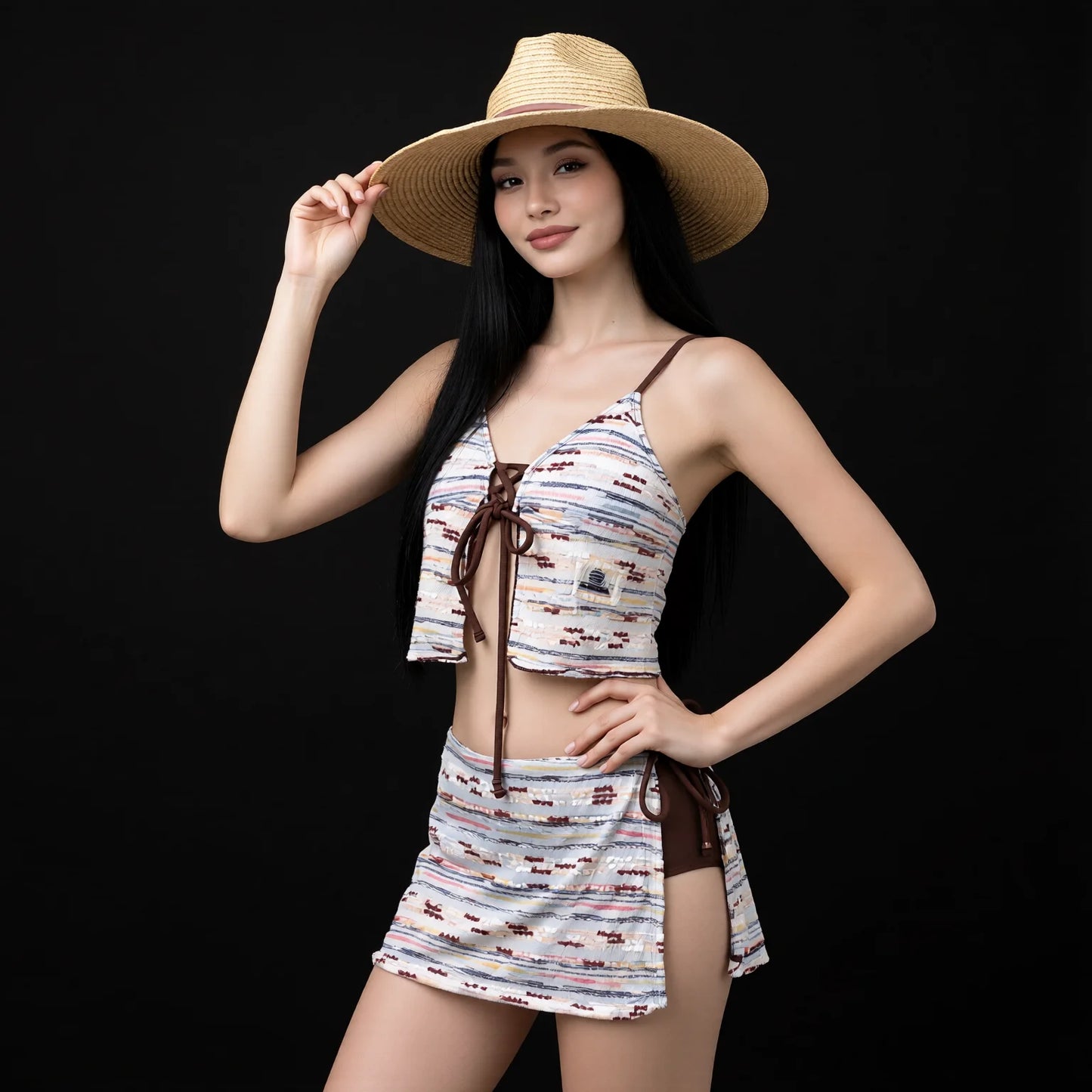 Two-Piece Separates Mini Skirt Set with Bow Tie Detail, Beige Print