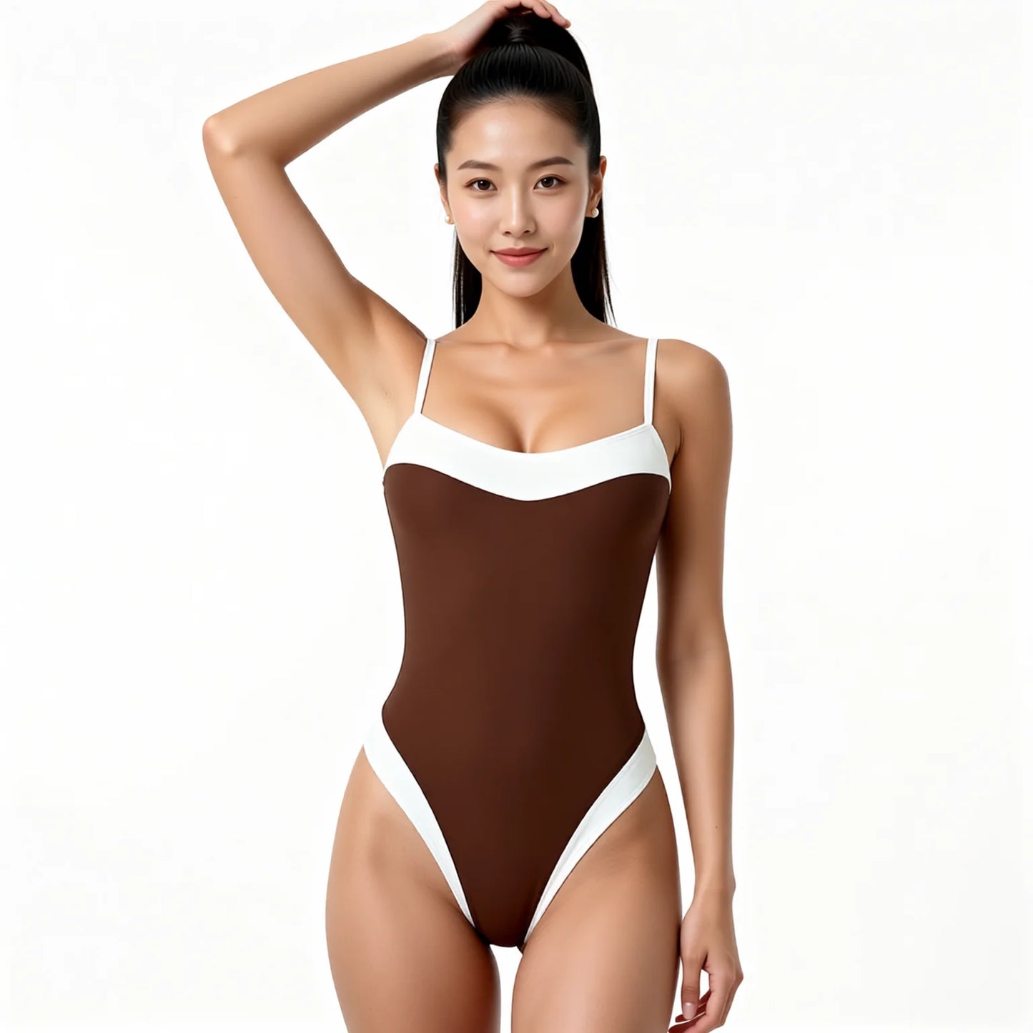 Brown one-piece swimsuit with white trim elegant beach vacation