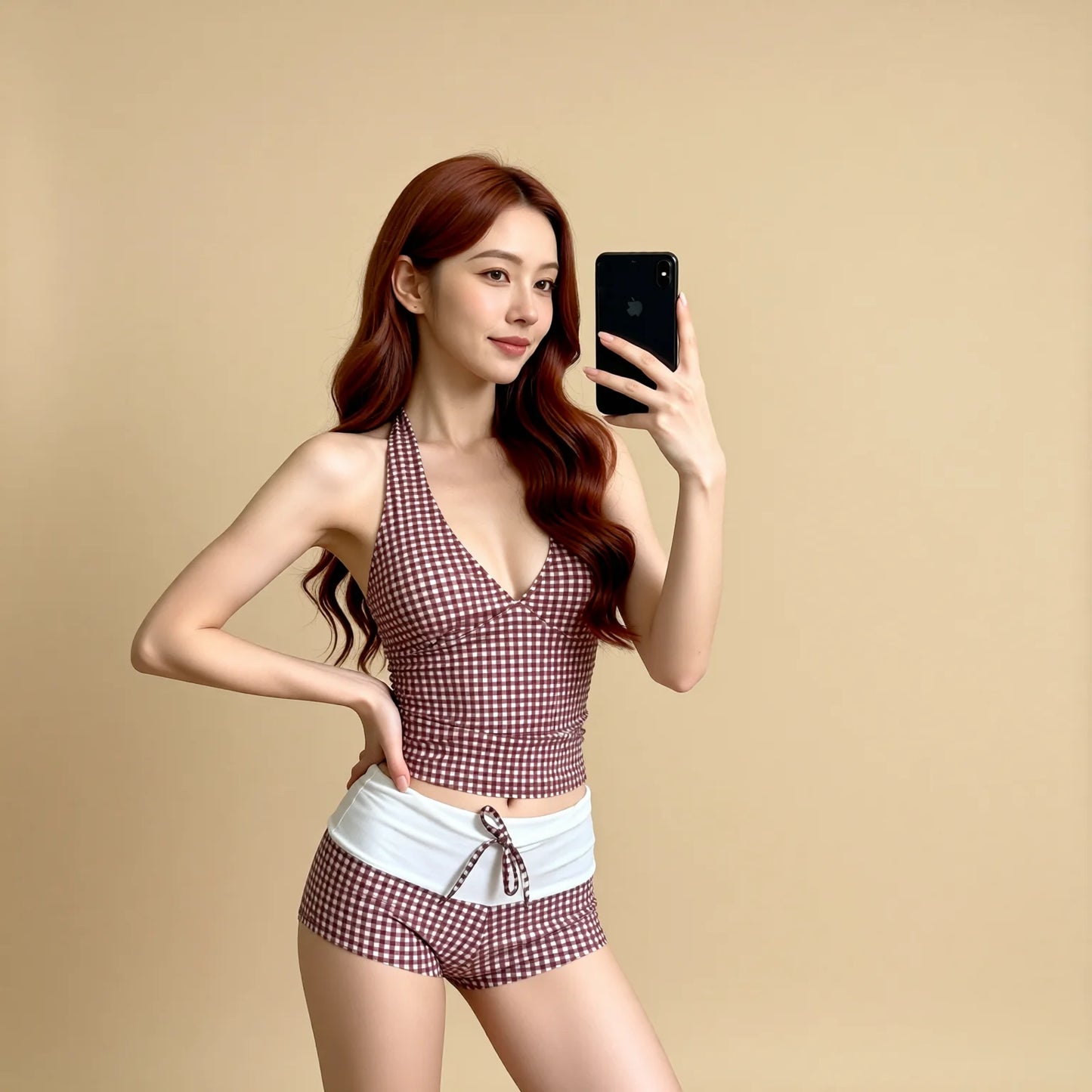Retro Grid Halter Bikini Set - Tummy Control Swimwear