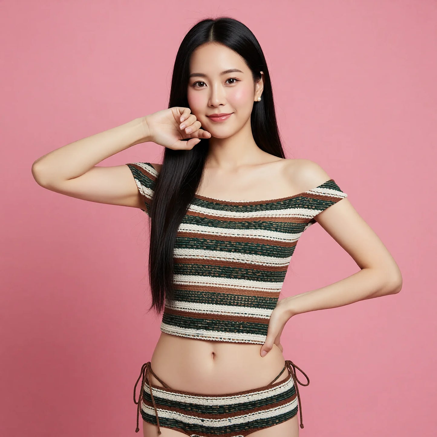 Striped knit one shoulder bikini set