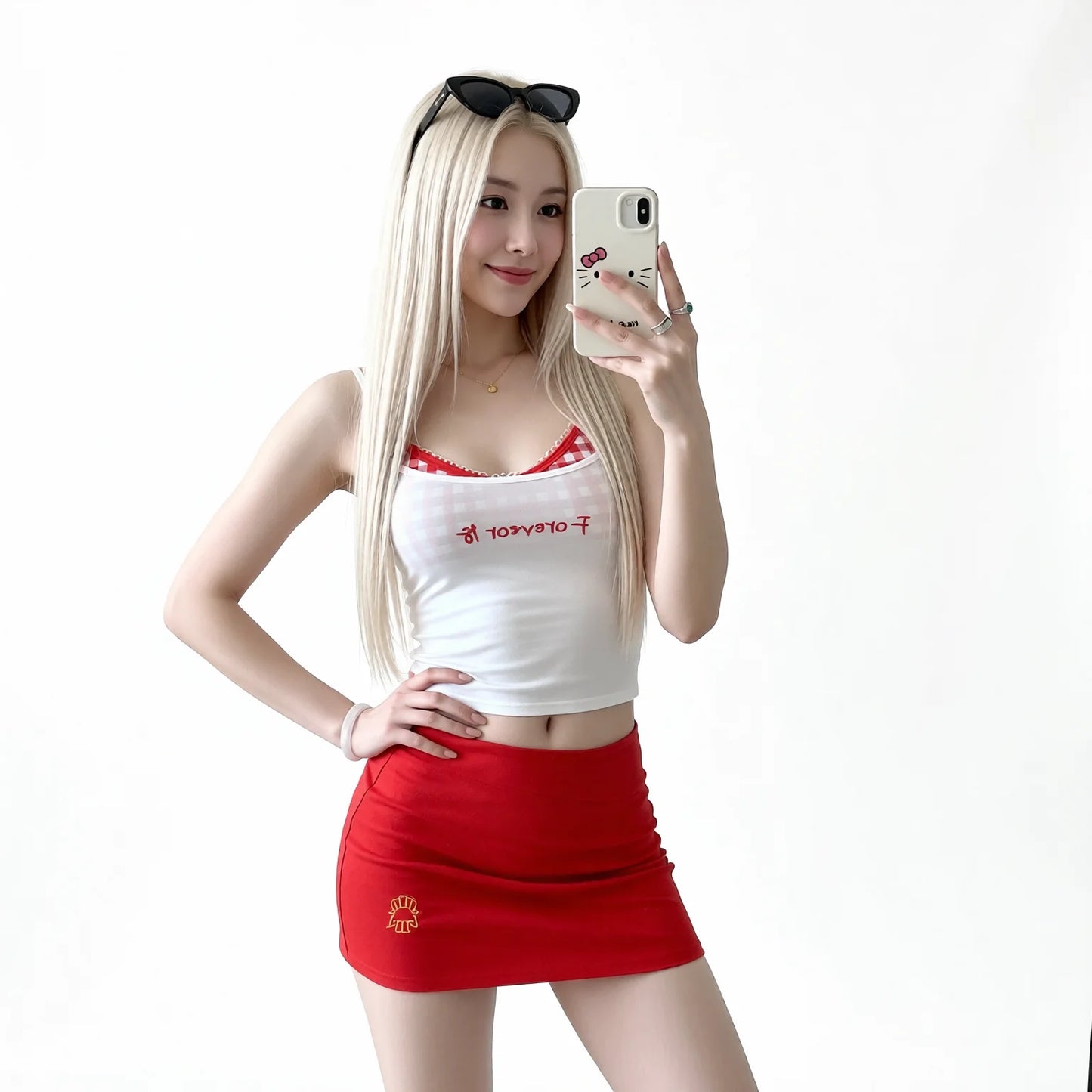 Pure Desire Split Bikini Set White Top Red Shorts