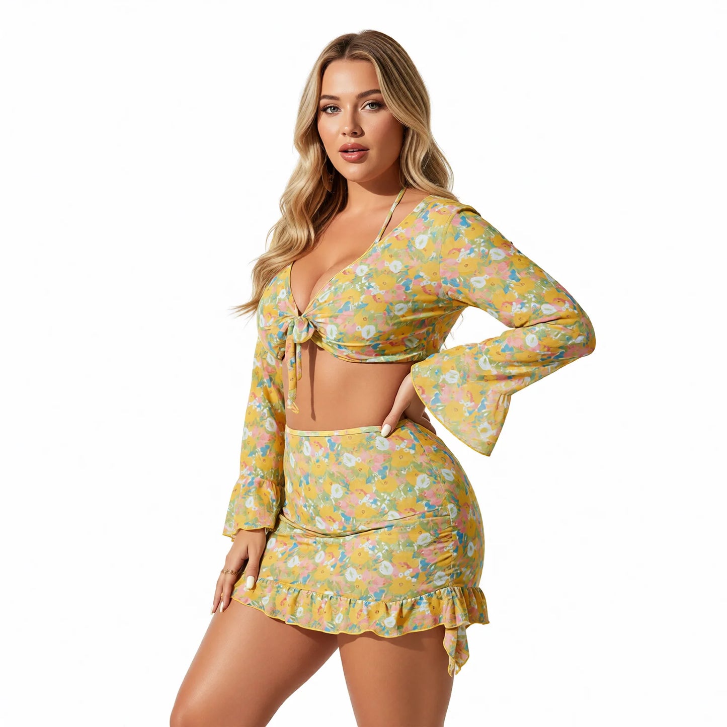 Floral Wrap Bikini Set with Long Sleeve Cover Up Skirt