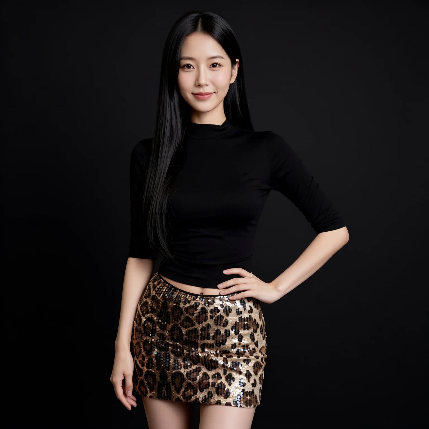 Leopard Print Mini Skirt and Black High-Neck T-Shirt Set