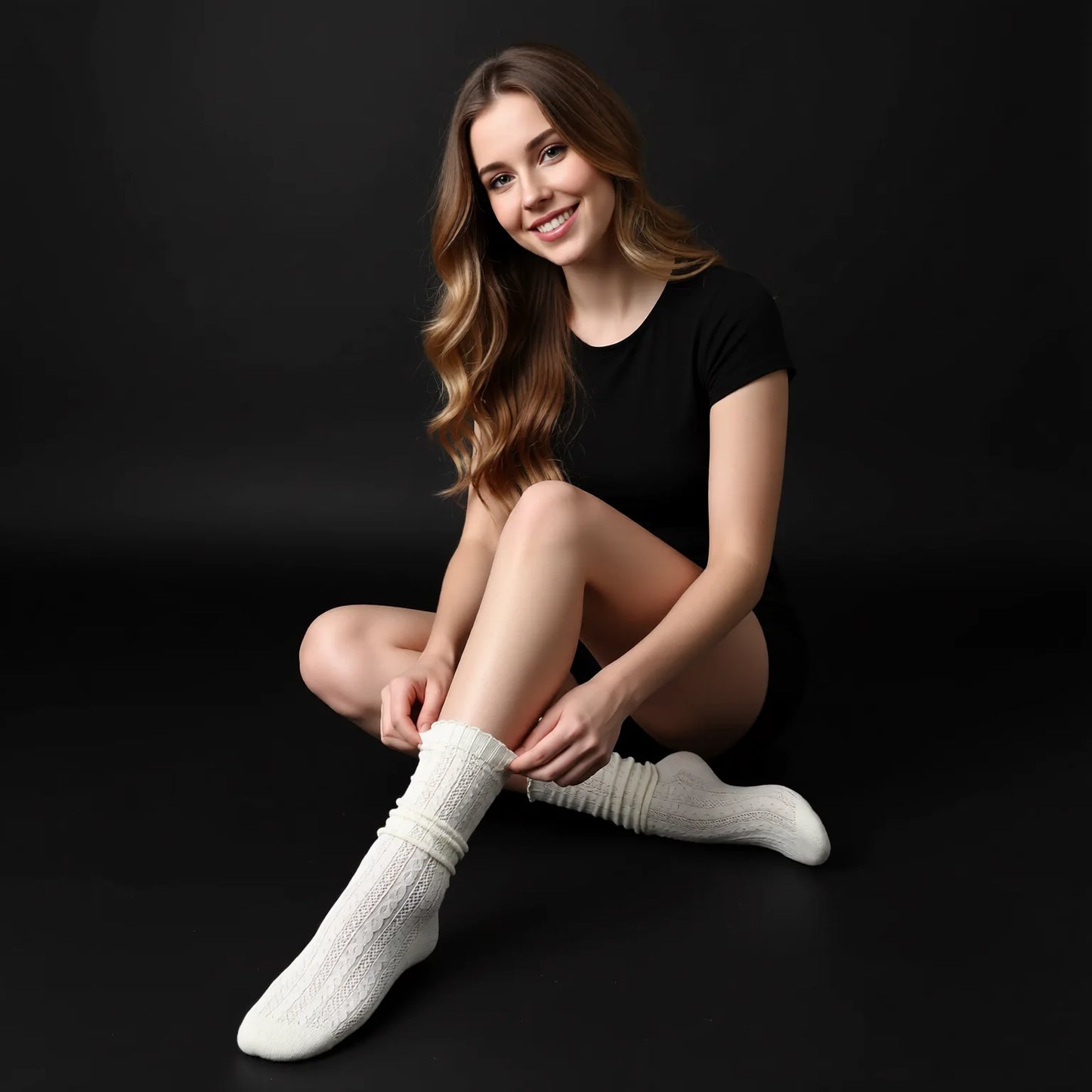 Lace Frill Leg Warmers Ballet Style Scrunch Socks Cream White Black