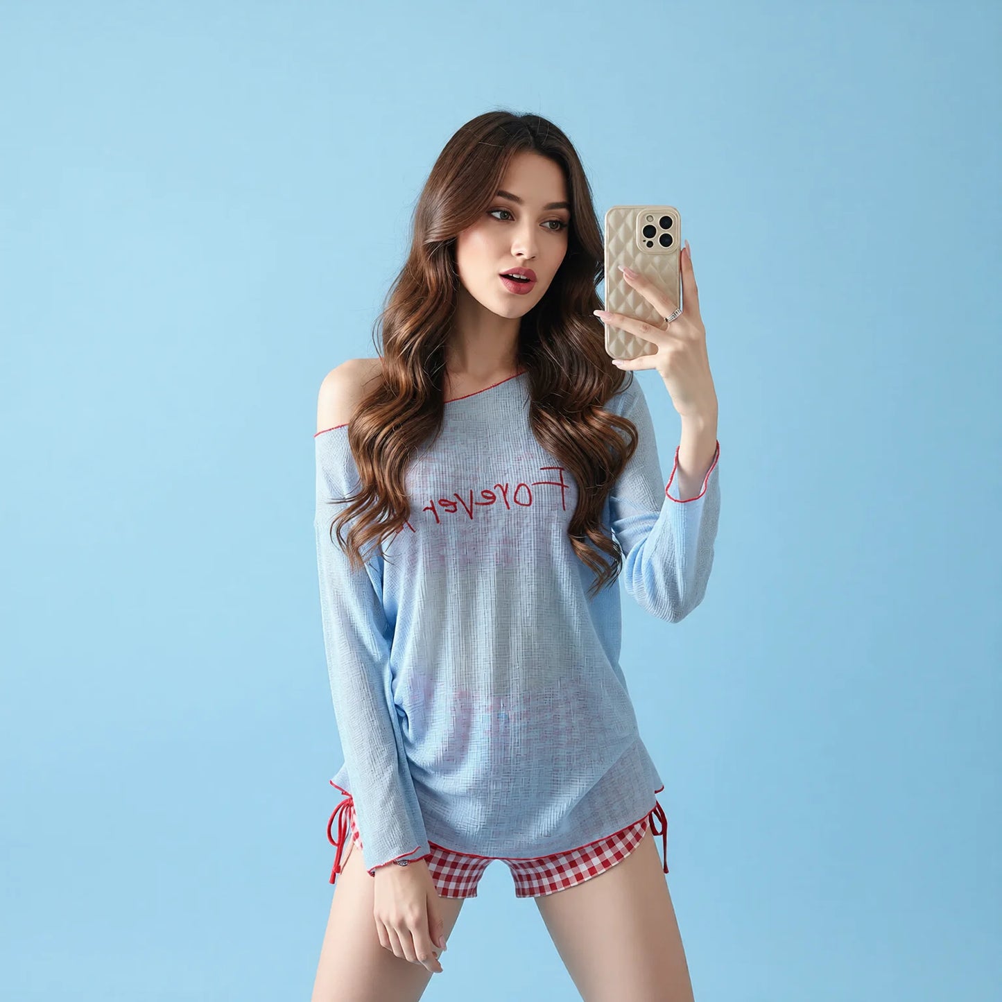 Long Sleeve Swimwear Set - Plaid Bikini & Off-Shoulder Cover-Up