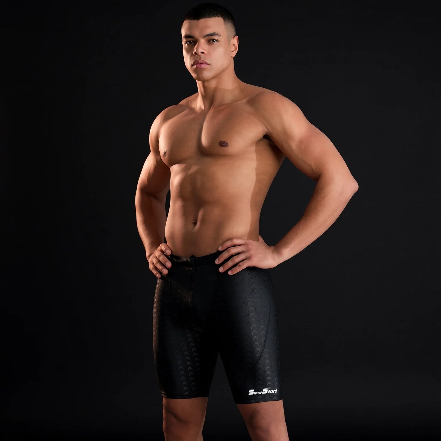 High-waist shark-skin swim trunks