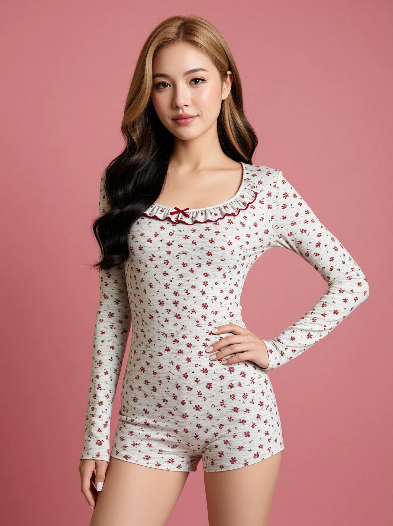 Floral Long Sleeve Romper - Cozy Floral Print Loungewear Onesie