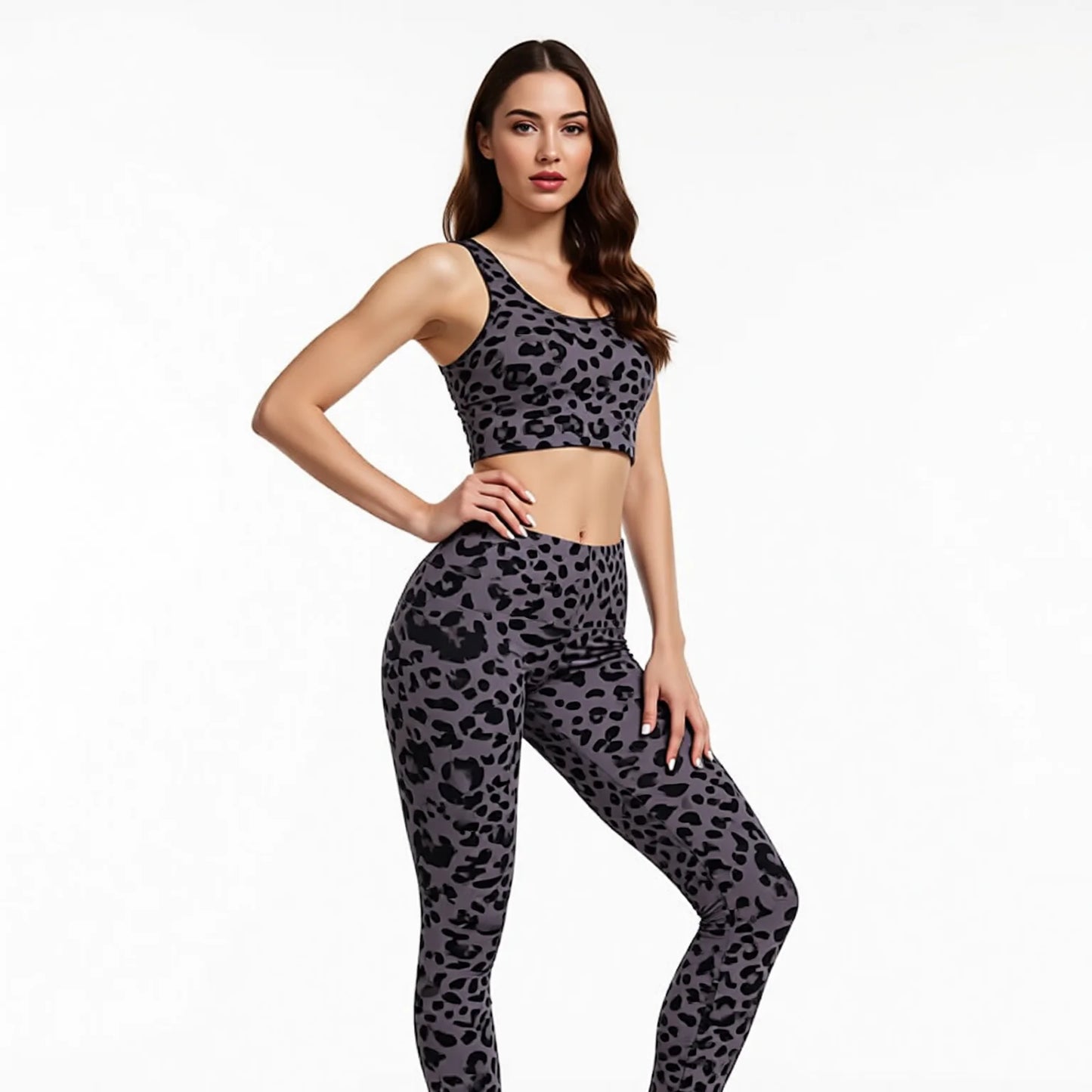 High Waisted Flared Leopard Print Yoga Pants Dusty Purple