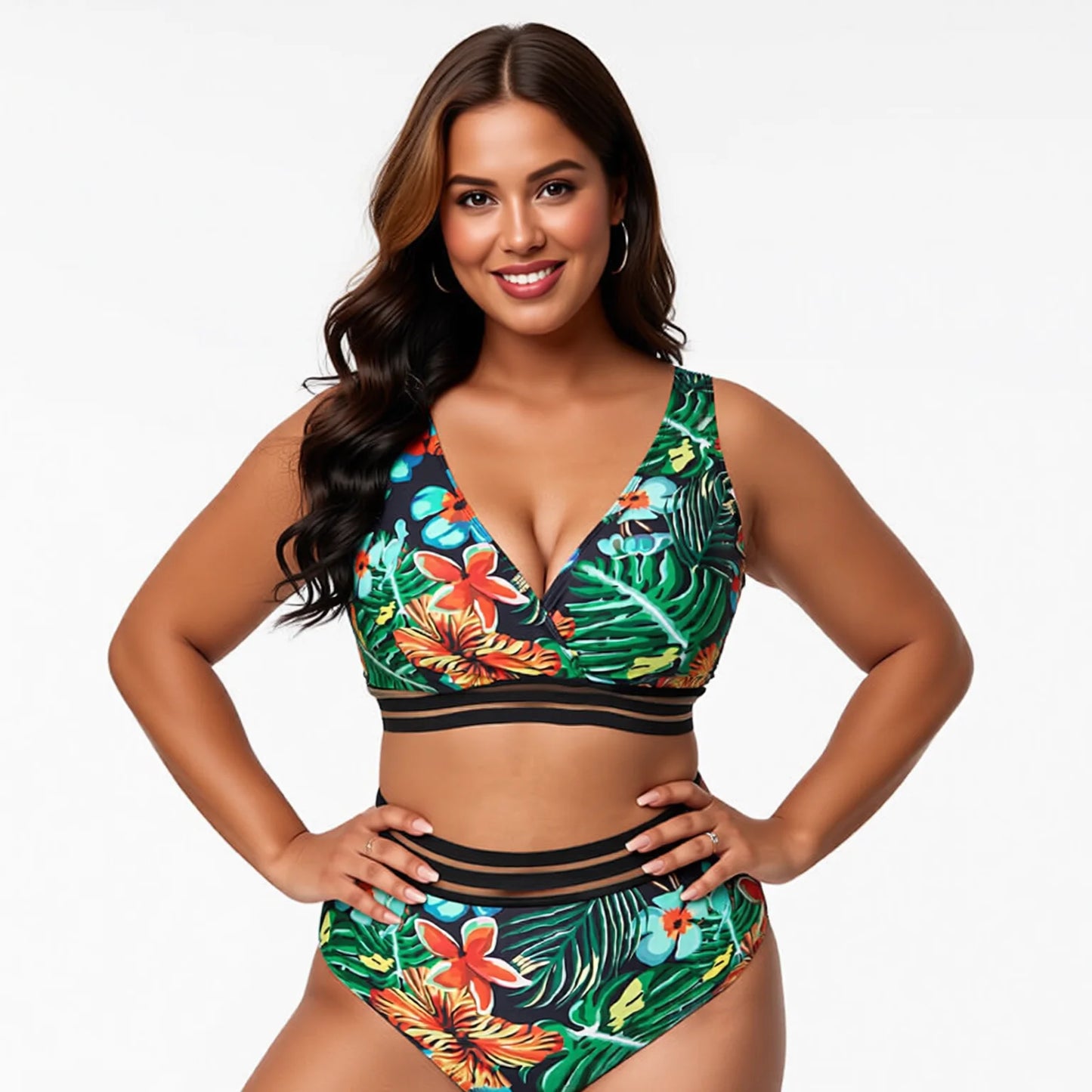 Plus Size High Waisted Leaf Print Bikini Set - Tropical Two Piece Swimwear