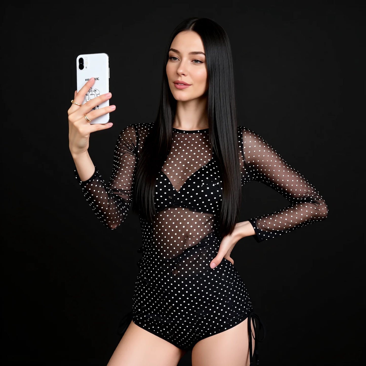 Black Polka Dot Long Sleeve Bikini Cover-Up & Matching Swimsuit Set