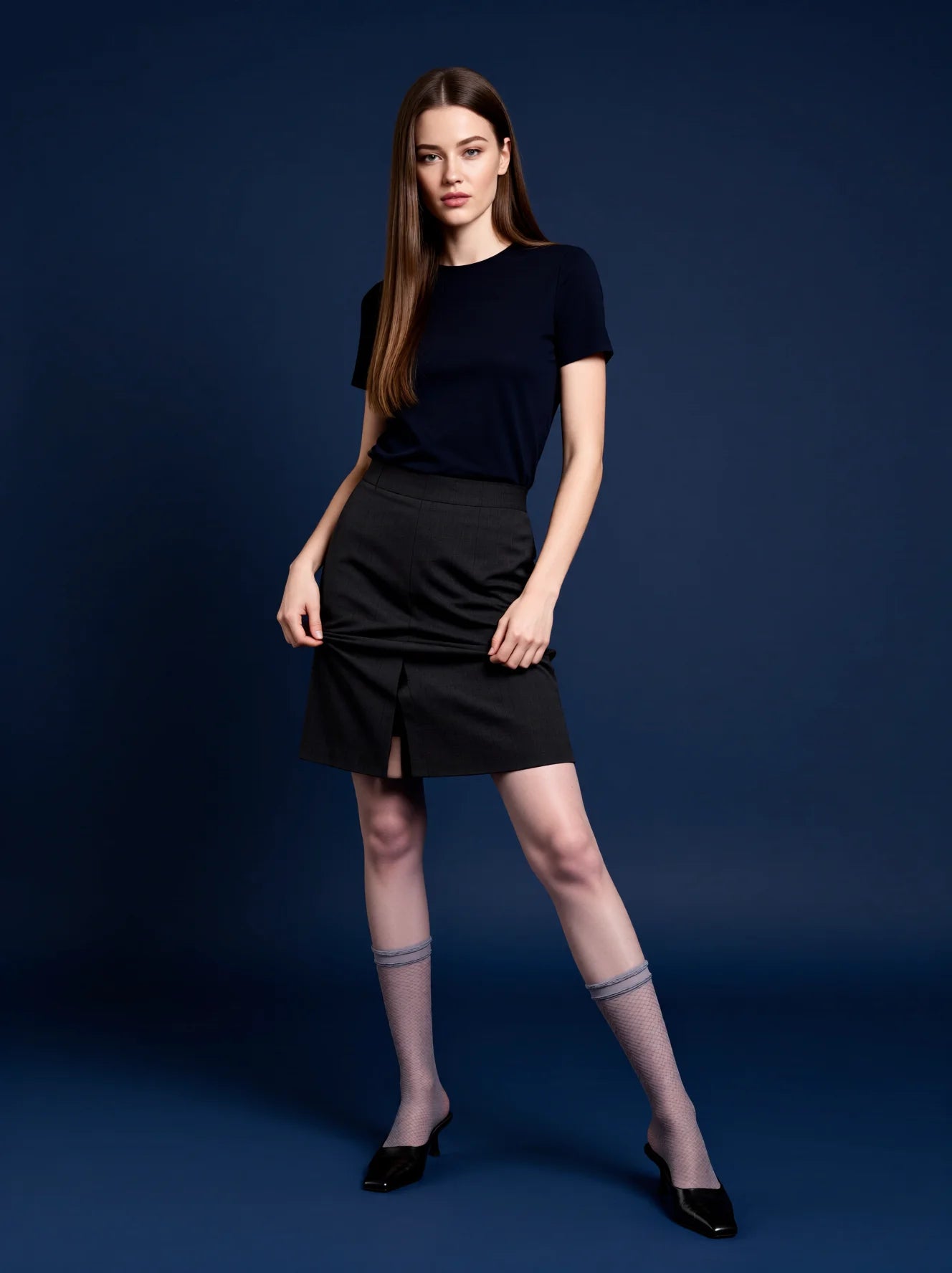 Sheer Grey and Cream Stockings with Striped Cuffs for Women