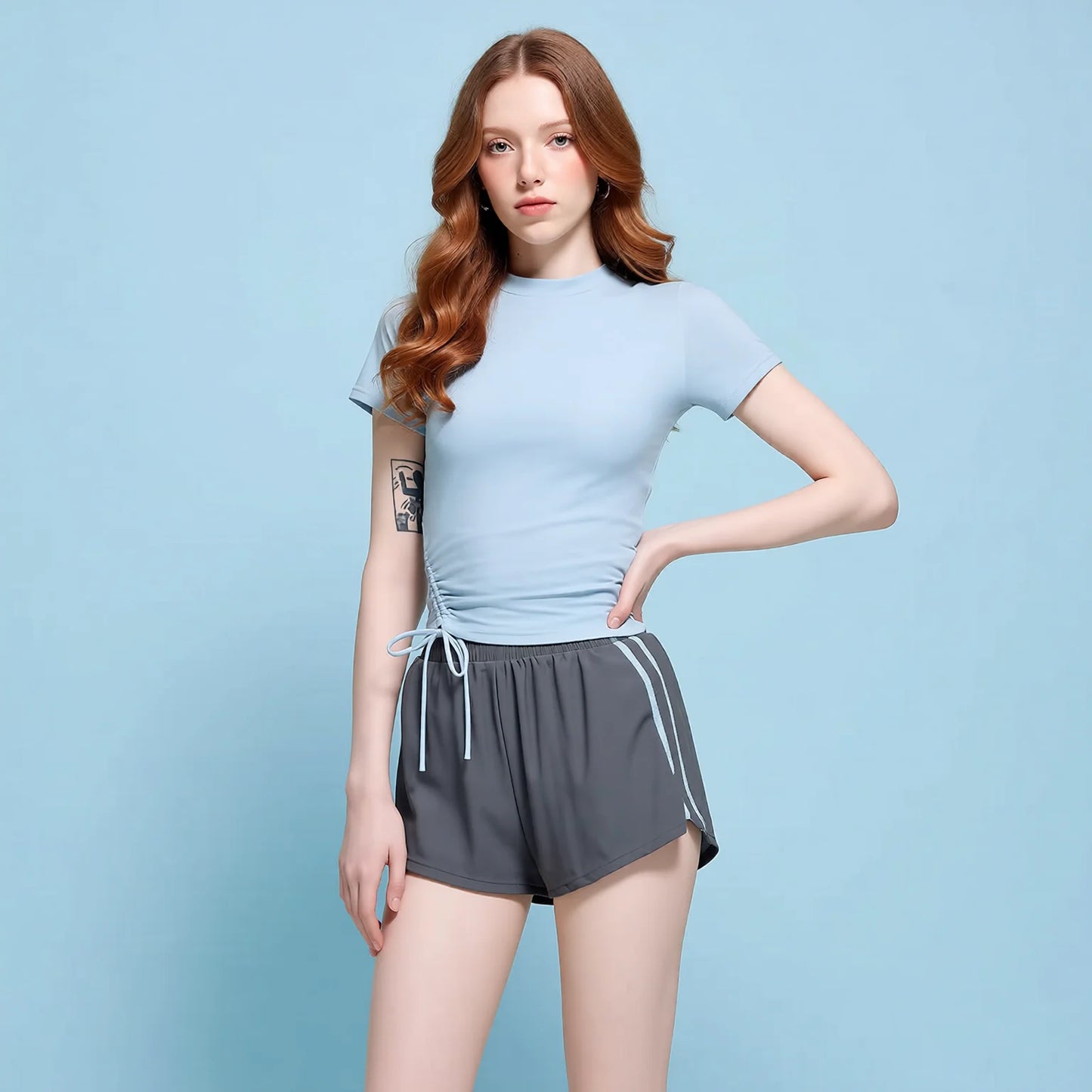 ins korean high-end polyester conservative square-neck tummy-control swimsuit light blue