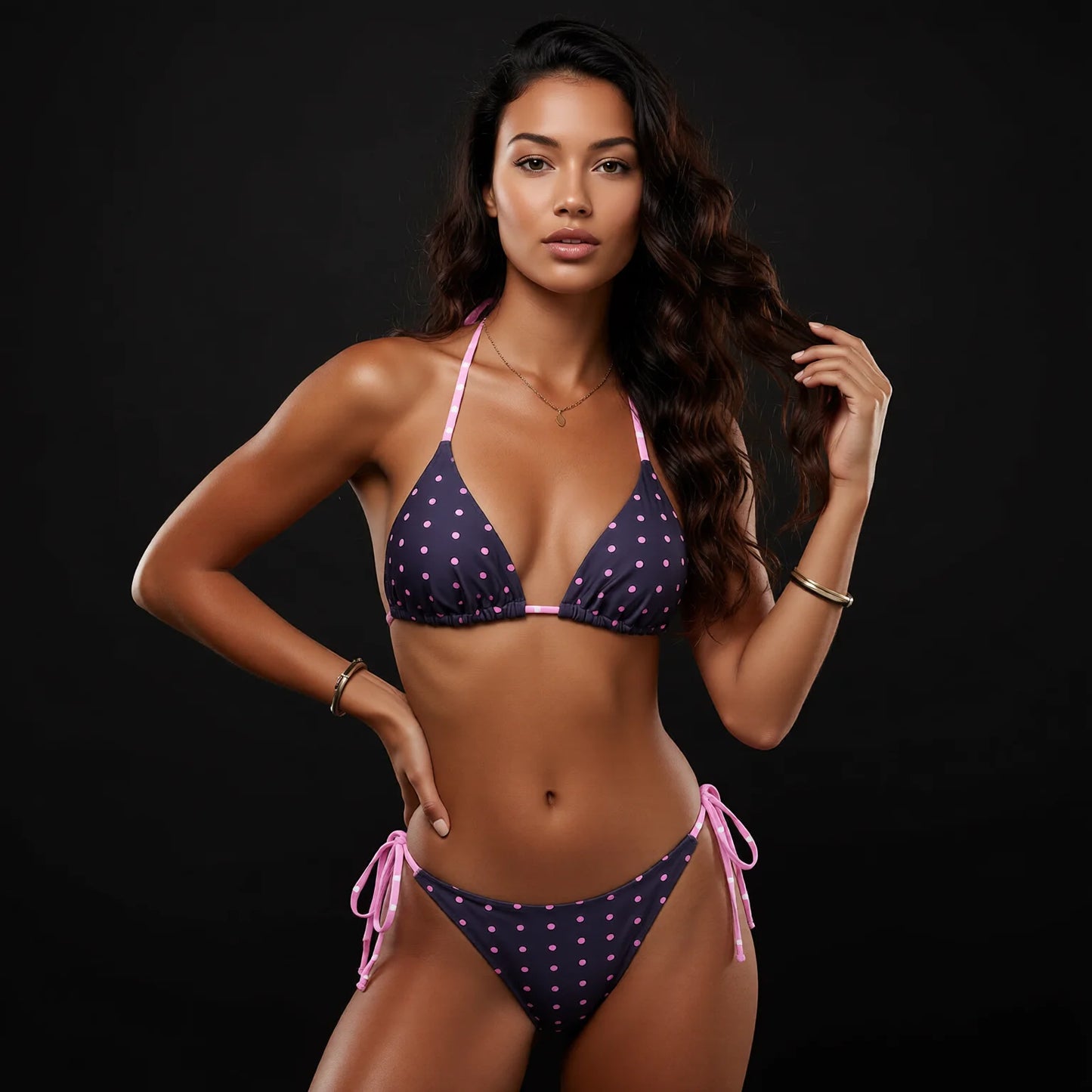 Polka dot triangle bikini with tie straps, sexy beach swimwear for women