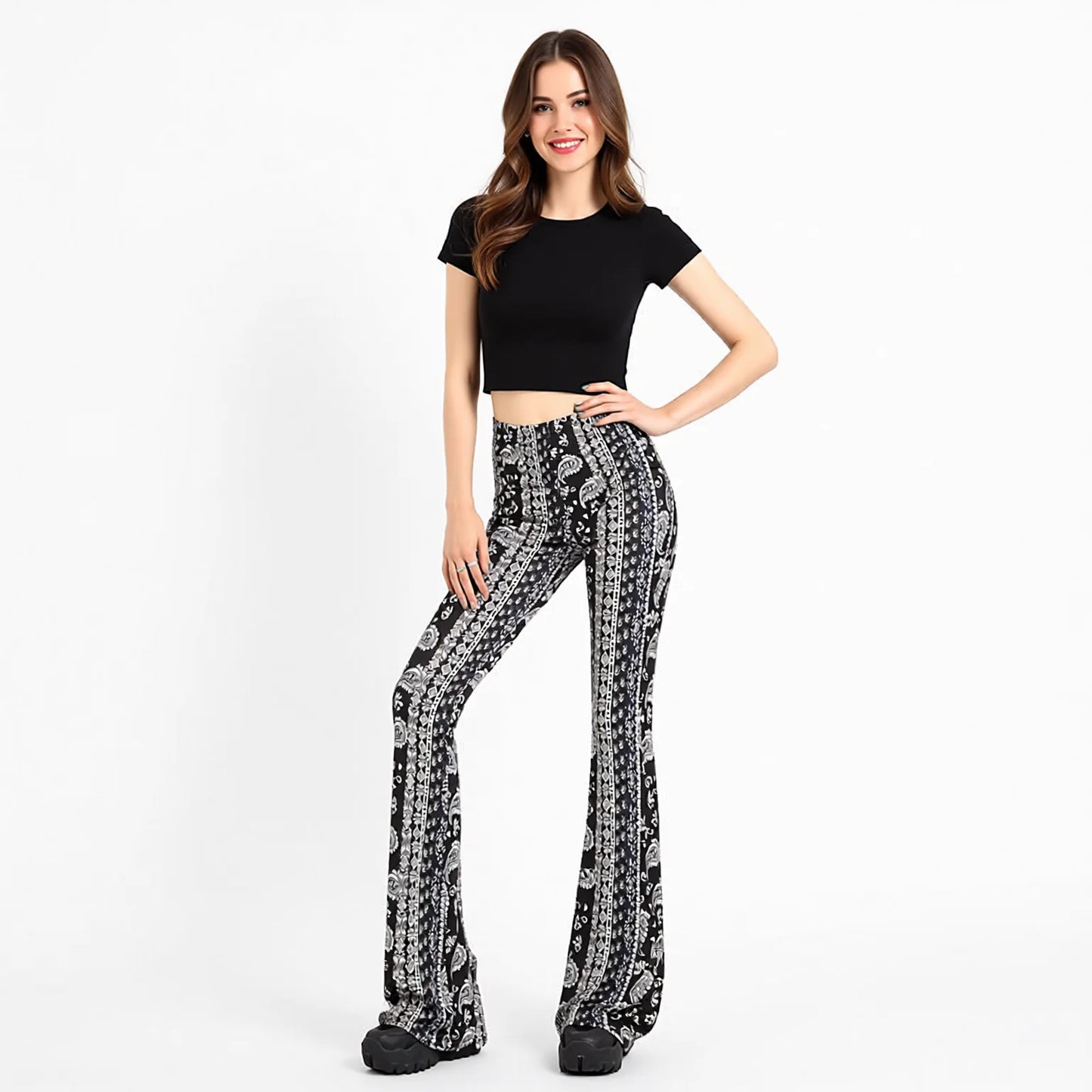Ethnic Print Flare Yoga Pants - High Waisted Butt Lifting Stretch Trousers