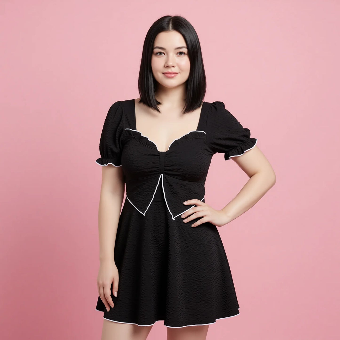 Black Plunge Neck Flounce Trim Skirt Swim Dress