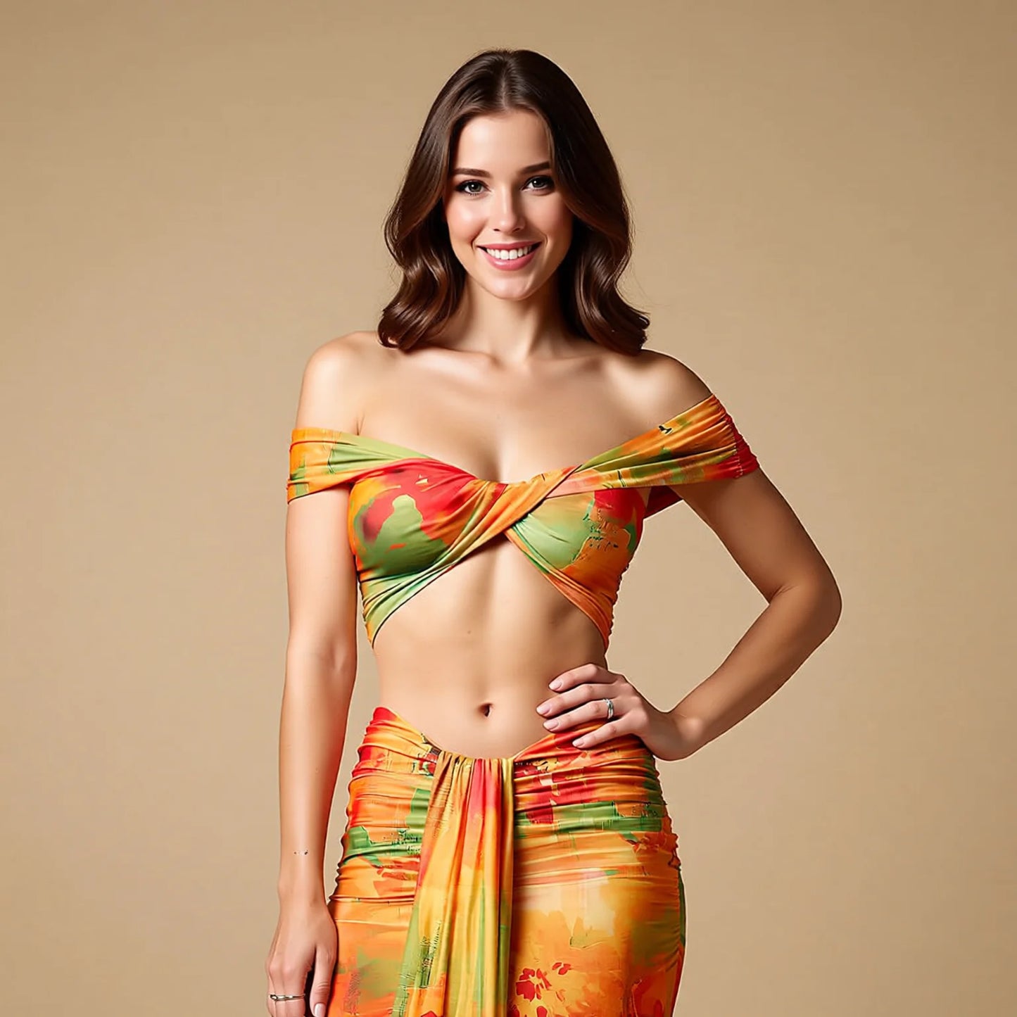 Retro Printed Off Shoulder Two Piece Swimsuit