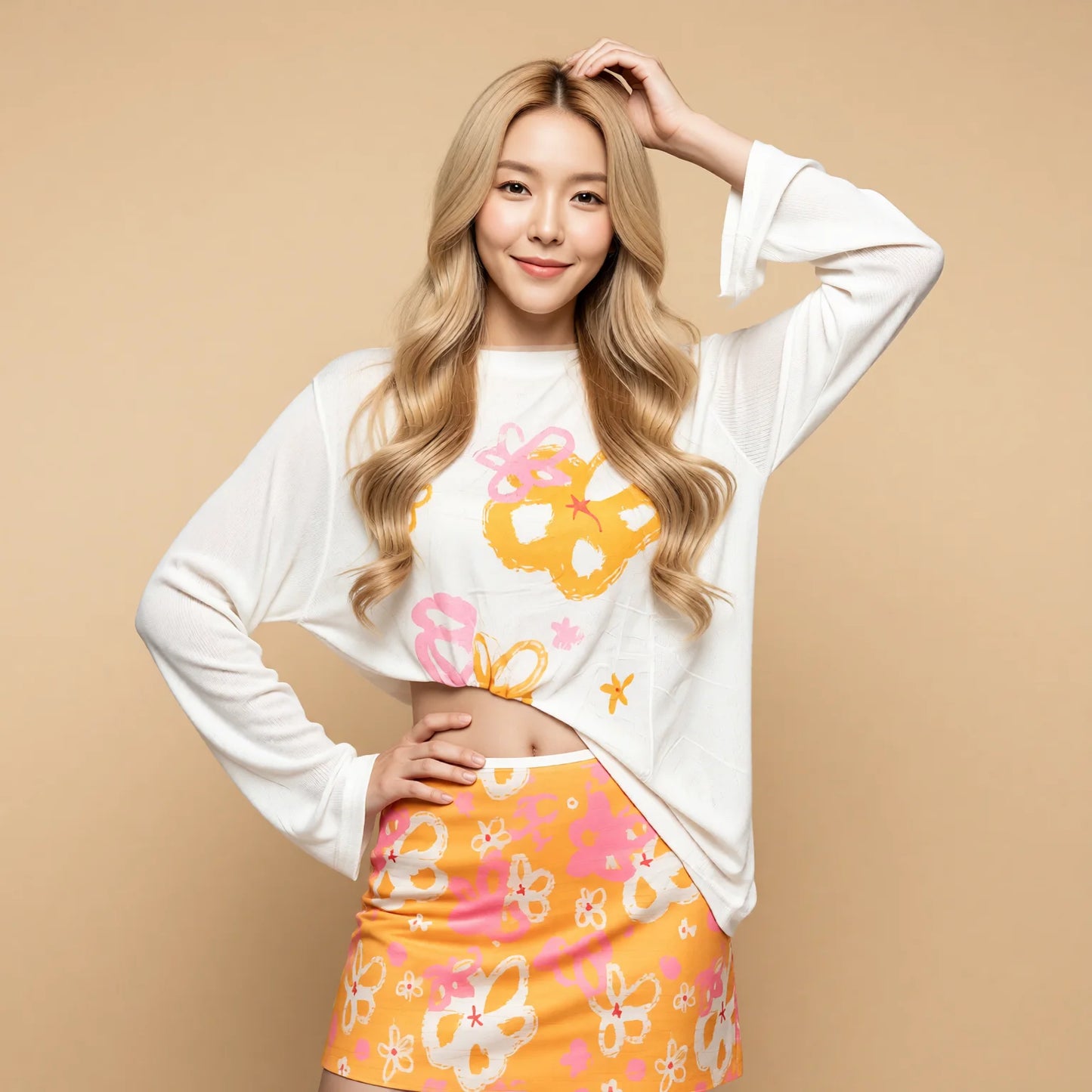 Three-piece orange bikini set with long-sleeve print cover-up