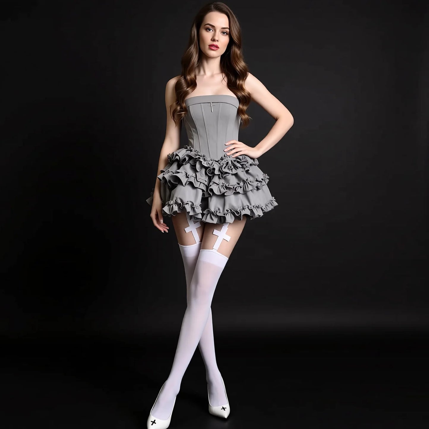 Lace Thigh High Stockings with Garter Belt - Black & White