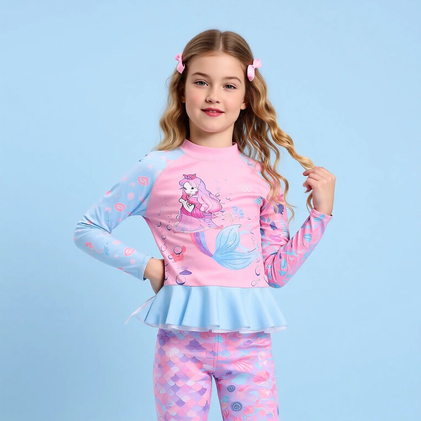 Childrens long sleeve long pants two piece swimming outfit with CPC certification
