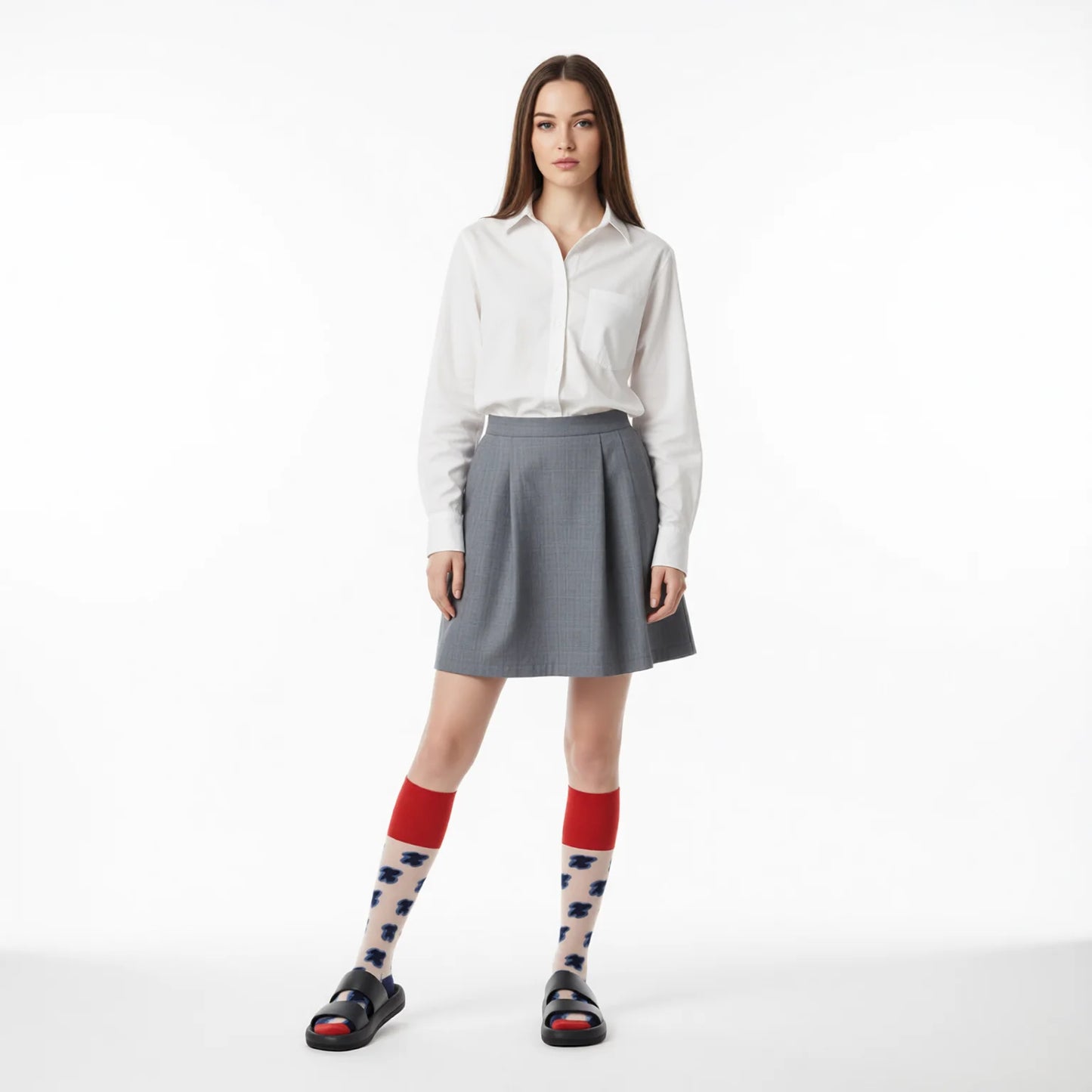 Floral Sheer Knee High Socks for Women - Navy & Pink Lace Cotton
