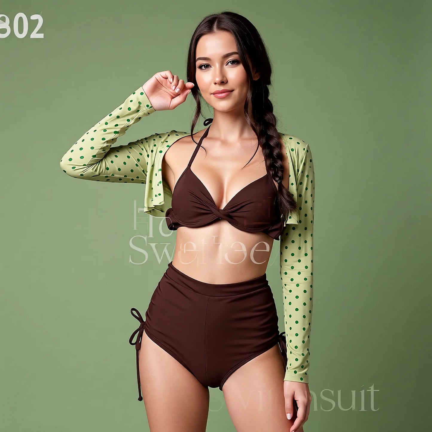 Conservative Polka Dot Long Sleeve Rash Guard Bikini Set