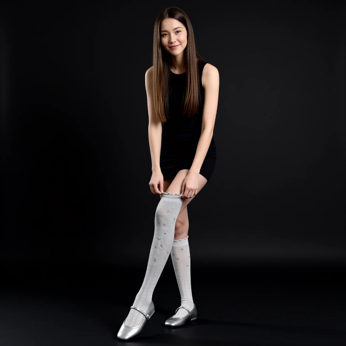 Lace Trim Floral Mesh Knee High Socks for Women